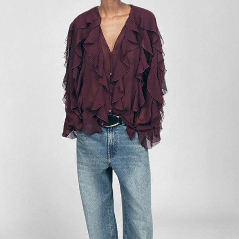 Damebluse – V-hals – Løs pasform – Lange ærmer – Let chiffon – Flæsedetaljer