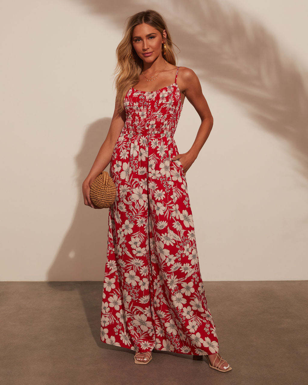 Women’s Jumpsuit – Floral Print – Wide Leg – Spaghetti Straps – Smocked Bodice
