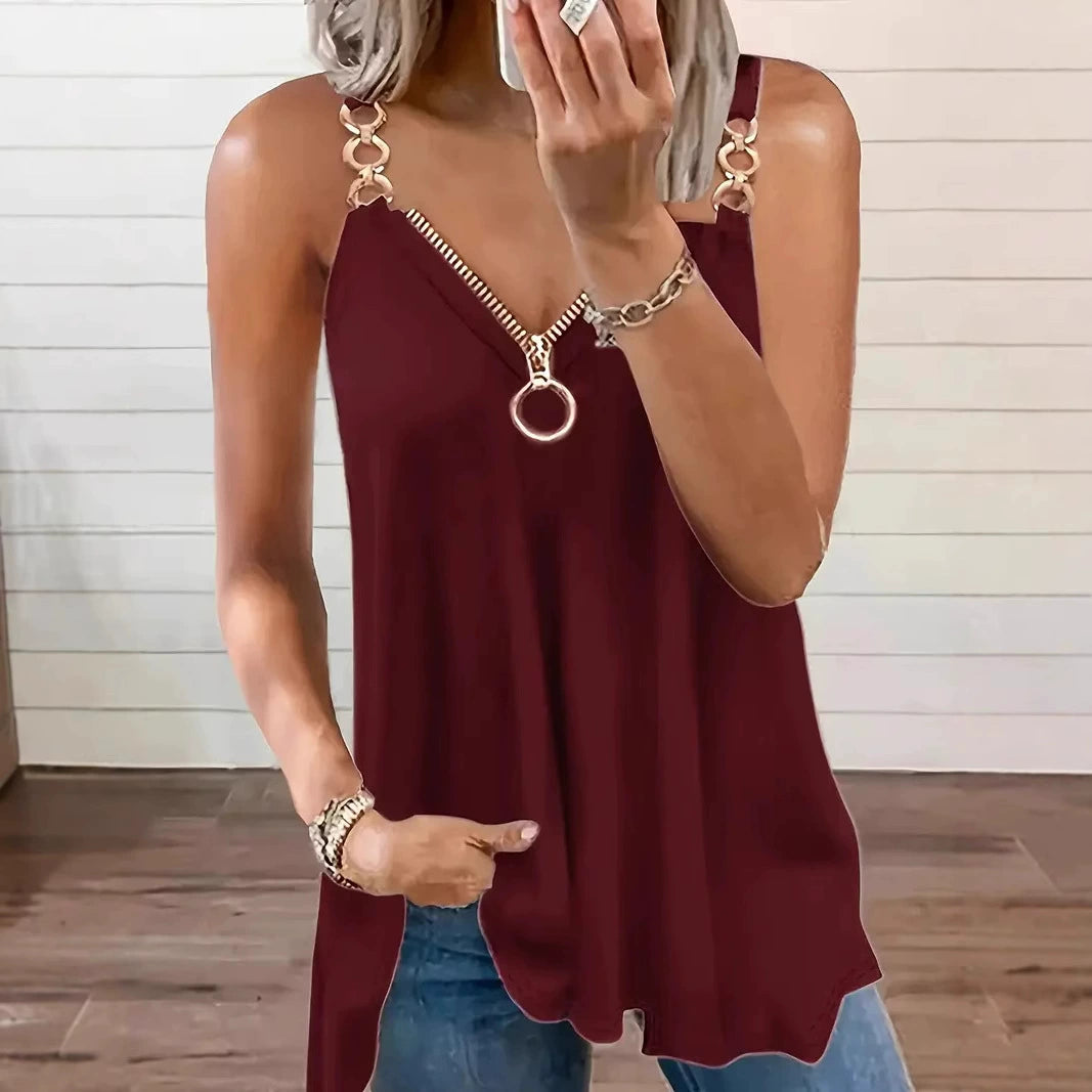 Women’s Sleeveless Blouse – Loose Fit – V-Neck with Ring Zipper – Chain Strap Details