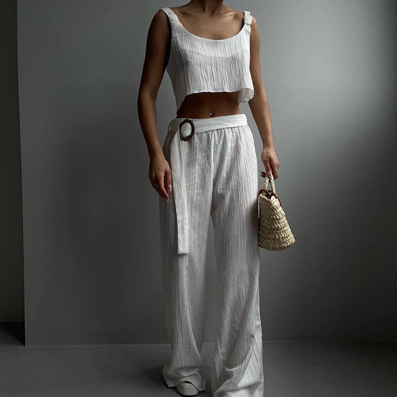 Dame Two-Piece Sæt – Crop Top og Vide Bukser – Let og Åndbart Design