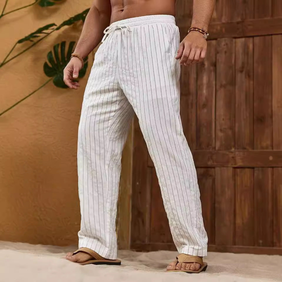 Men's Trousers – Relaxed Fit – Breathable Mix – Striped – Drawstring Waist