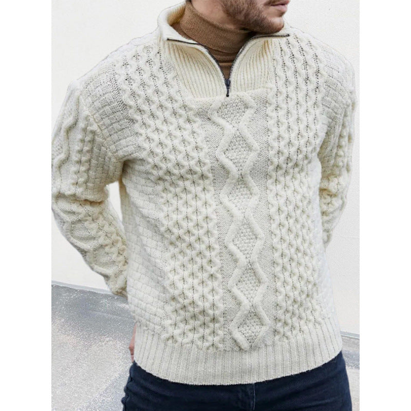 Men's Knit Sweater – Wool – Regular Fit – Cable Knit – High Neck with Zipper