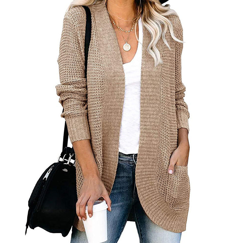 Women's Cardigan – Relaxed Fit – Knitted Texture – V-Neck – Open Front with Pockets