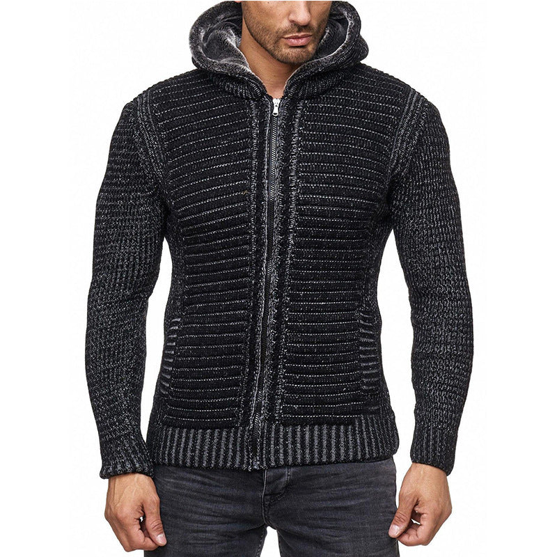 Men's Ribbed Hoodie - Full Zip - Cozy Knit Fabric