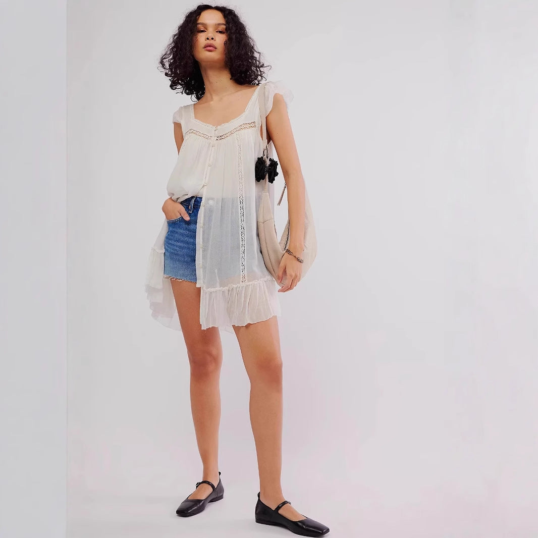Dame Mini Kjole – Ærmeløs Chiffon – Løstsiddende Pasform – Knapper og Blondekant