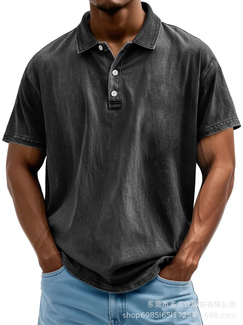 Herre Poloshirt – Bomuld – Afslappet Pasform – Vasket Retro Stil – Kort Ærme