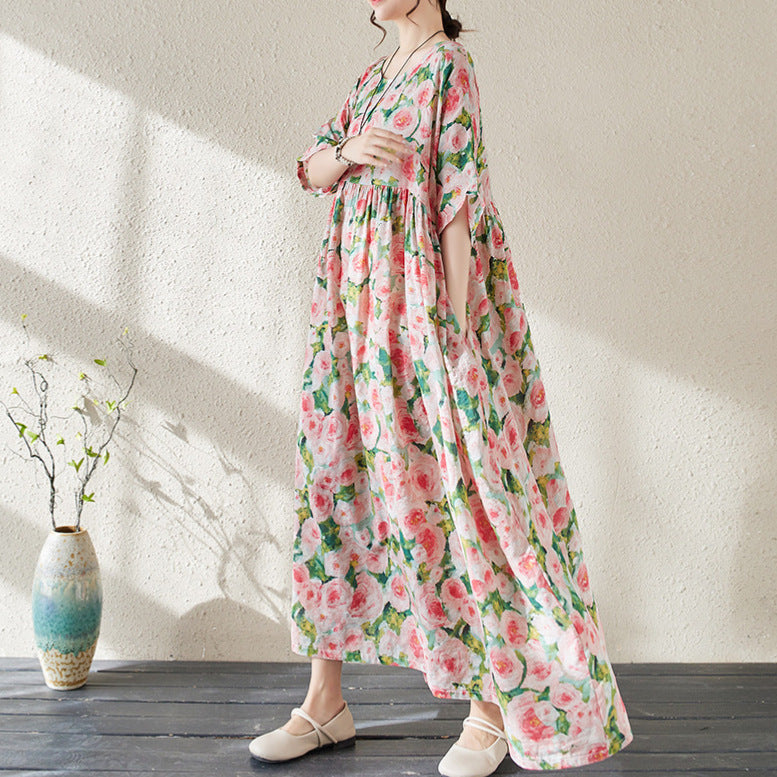 Dame Maxikjole – Blomstermønster – Løs Pasform – V-udskæring – 3/4 Ærmer