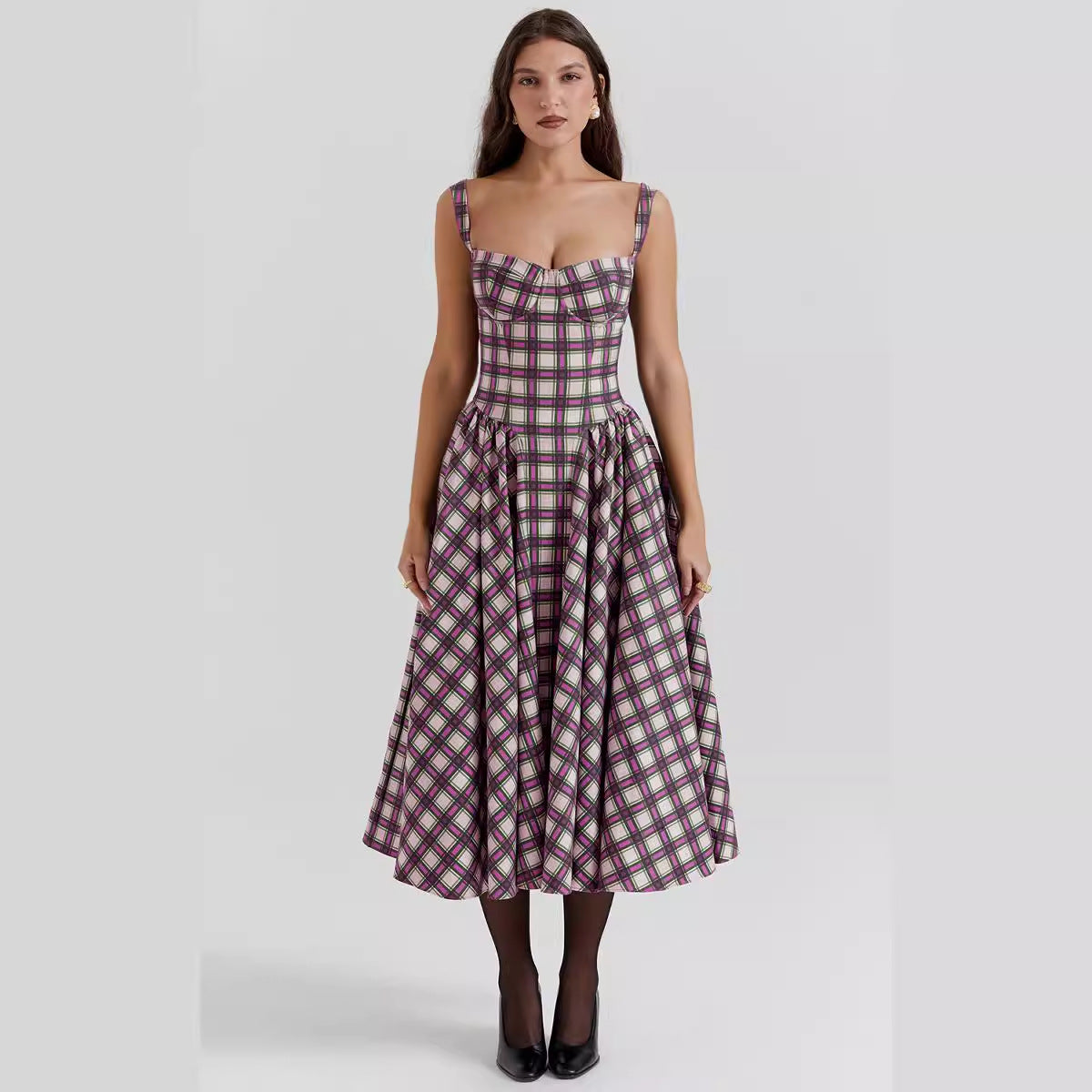 Women's Maxi Dress – Fitted Bodice – Elegant Checkered Pattern – With Pockets – Long Silhouette