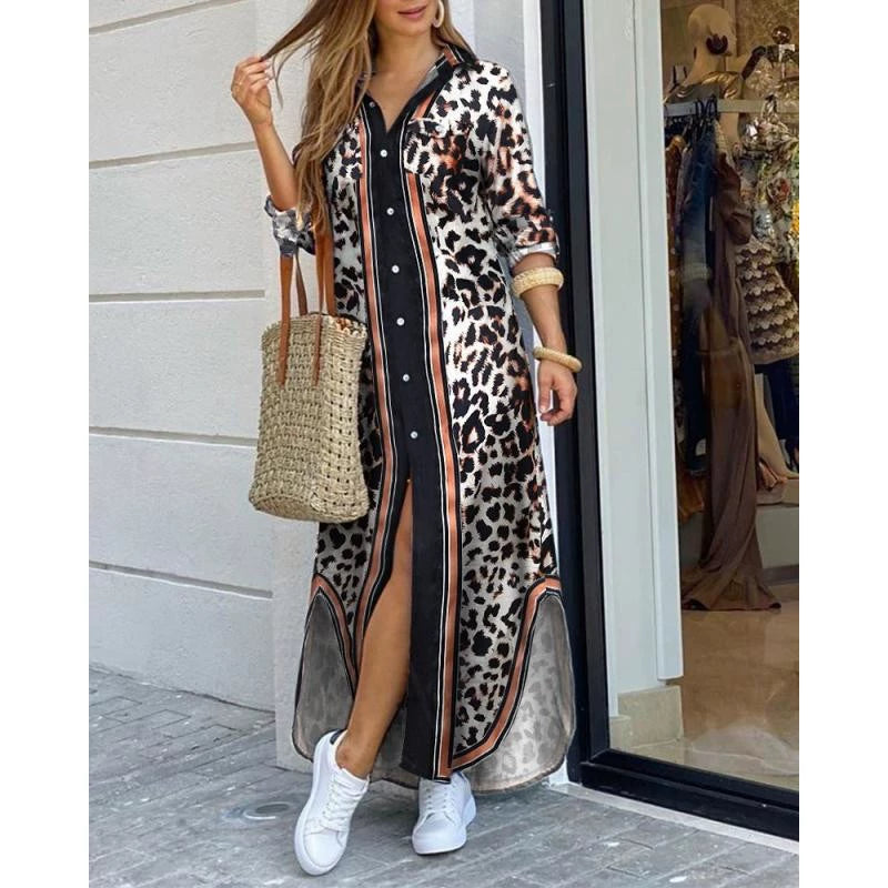 Women’s Maxi Shirt Dress – Baroque Print – Button Front – Relaxed Fit Elegance