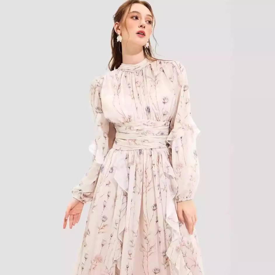 Dame Kjole – Chiffon Aftenkjole – Lange Ærmer – Flæsedetaljer – Printet Maxi
