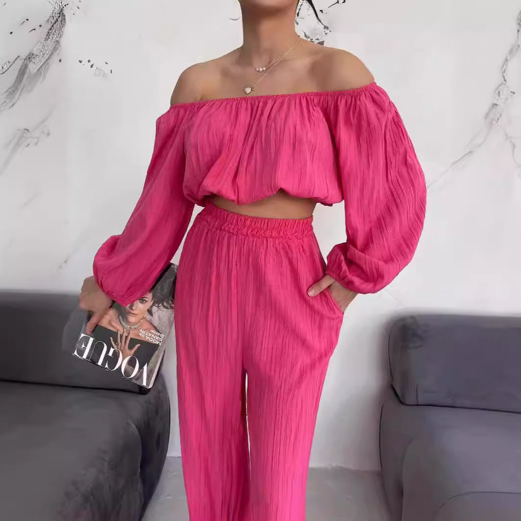Dame Sæt – Off-Shoulder Crop Top med Lange Ærmer – Højtaljede Vide Bukser