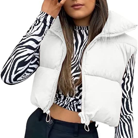 Women’s Puffer Vest - Woven Fabric - Quilted Design - High Stand Collar - Adjustable Hem