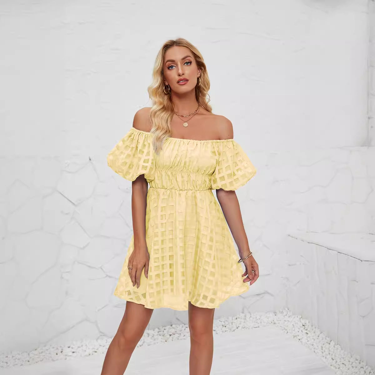 Dress for Women – Mini – Puff Sleeves – Square Neckline – Checked Texture – Lightweight