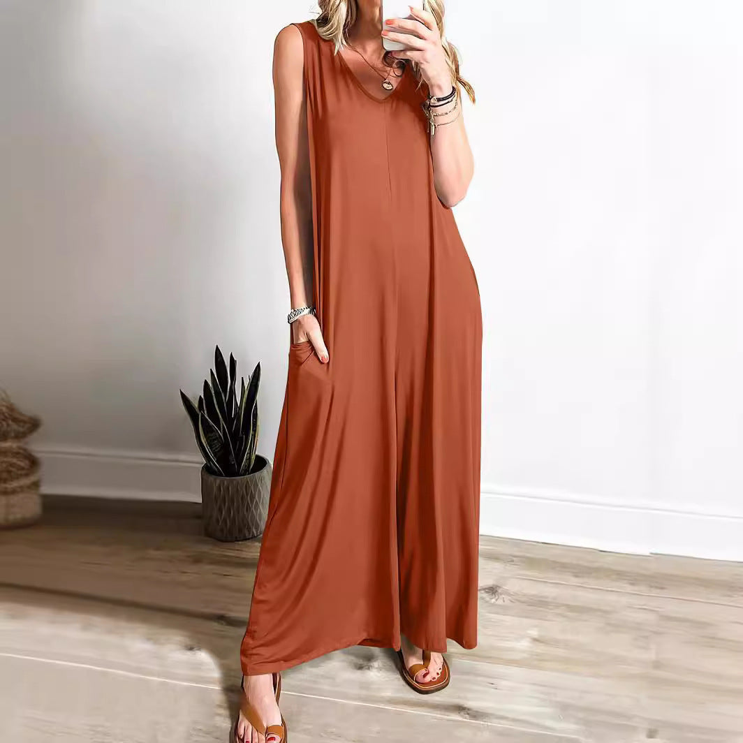 Women's Maxi Dress – Sleeveless V-neck – Soft Knit – A-line with Side Pockets