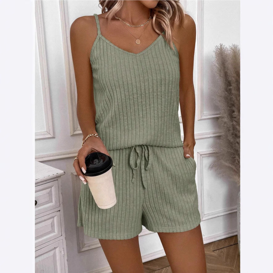 Women's Romper – Soft Rib Knit – Relaxed Fit – V-Neck – Adjustable Waist