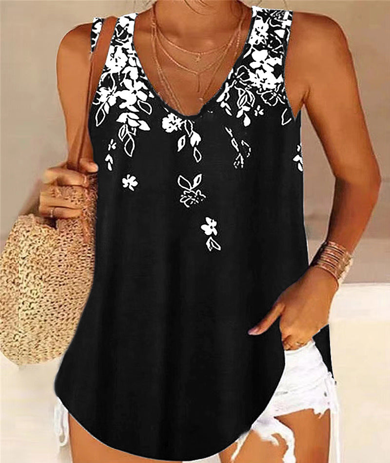 Women's Tank Top – Floral Pattern – V-Neck – Relaxed Fit – Sleeveless Lightweight Quality