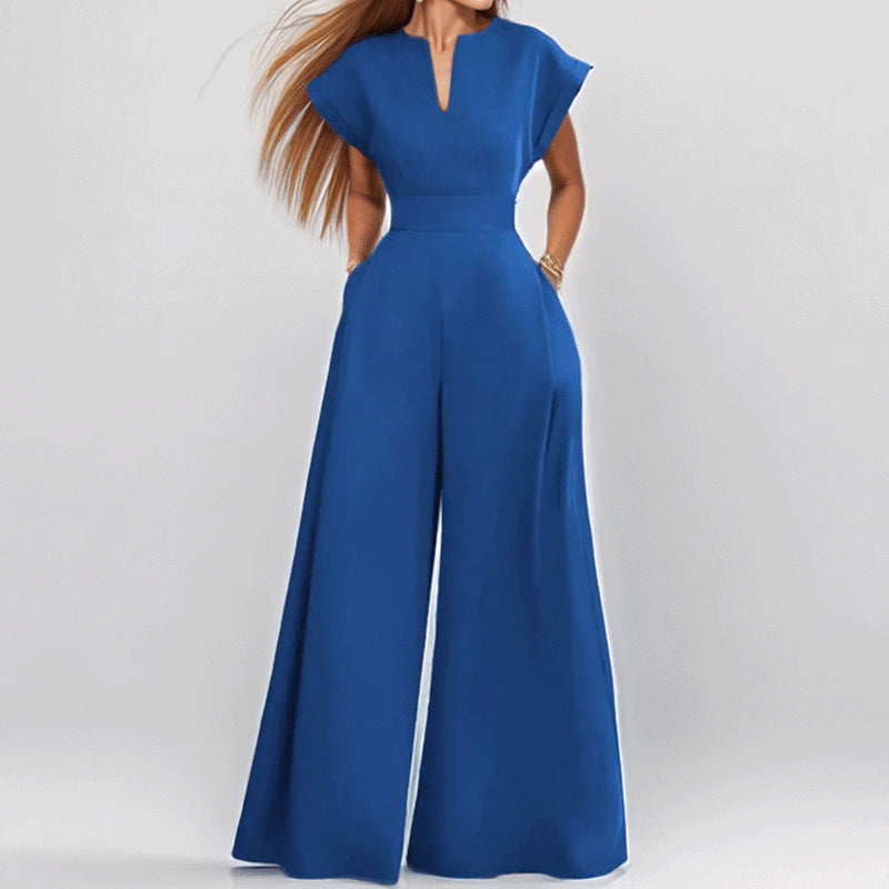 Dame Jumpsuit – Løs Pasform – V-Hals – Korte Ærmer – Bred Ben – Med Lommer