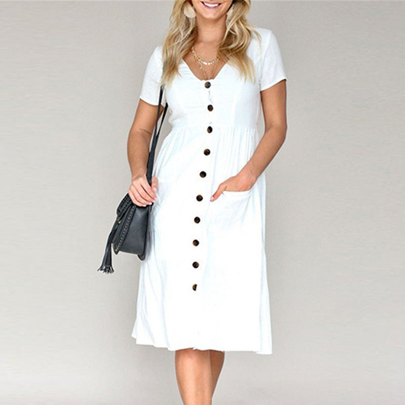 Dress for Women – A-line Cut – Button Closure – Short Sleeve – Light and Breathable – Midi Length