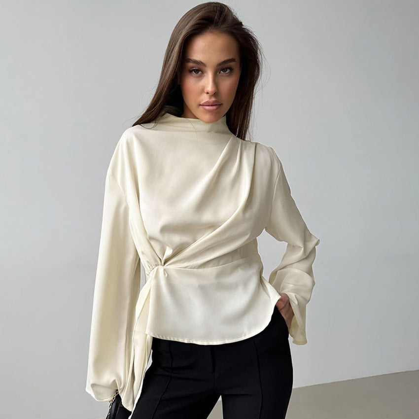 Damebluse – Let Chiffon – Draperet Pasform – Lange Ærmer – Indsnævret Talje