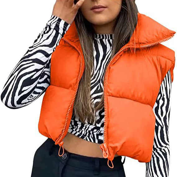 Women’s Puffer Vest - Woven Fabric - Quilted Design - High Stand Collar - Adjustable Hem