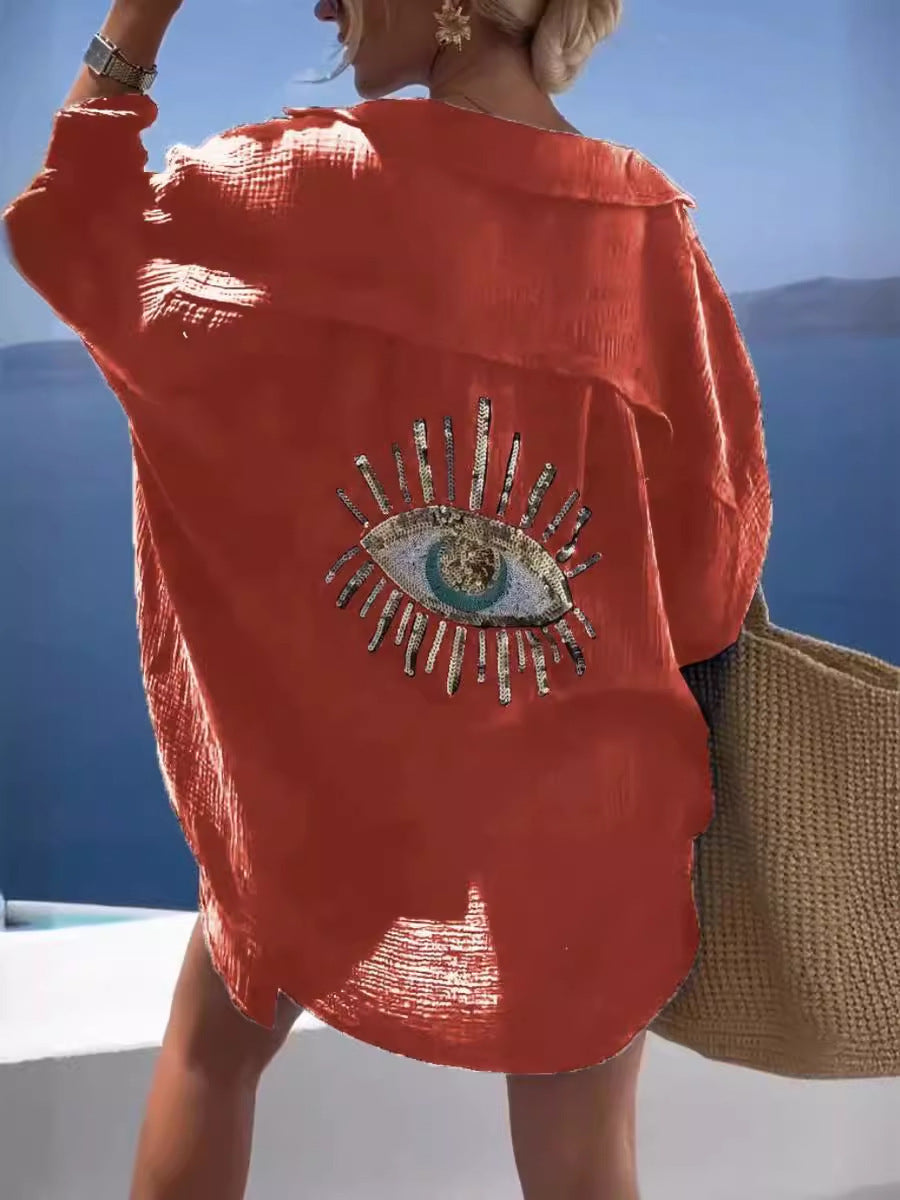 Women's Long Cardigan – Light Cotton – Oversized Fit – Open V-Neck – Sequin Detail