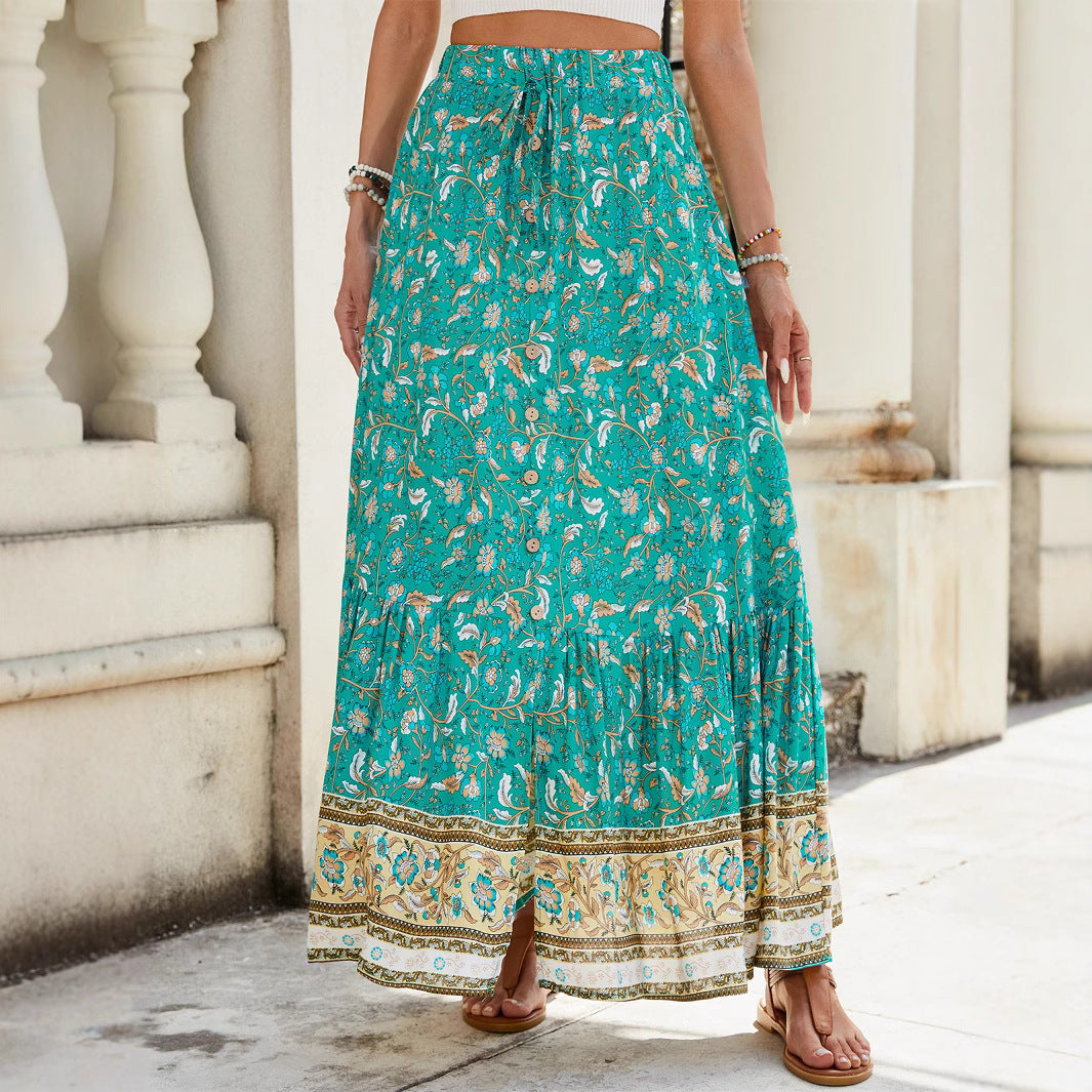 Women's Maxi Skirt – Loose Fit – Layered Boho Design – Floral Print – Soft Cotton Texture