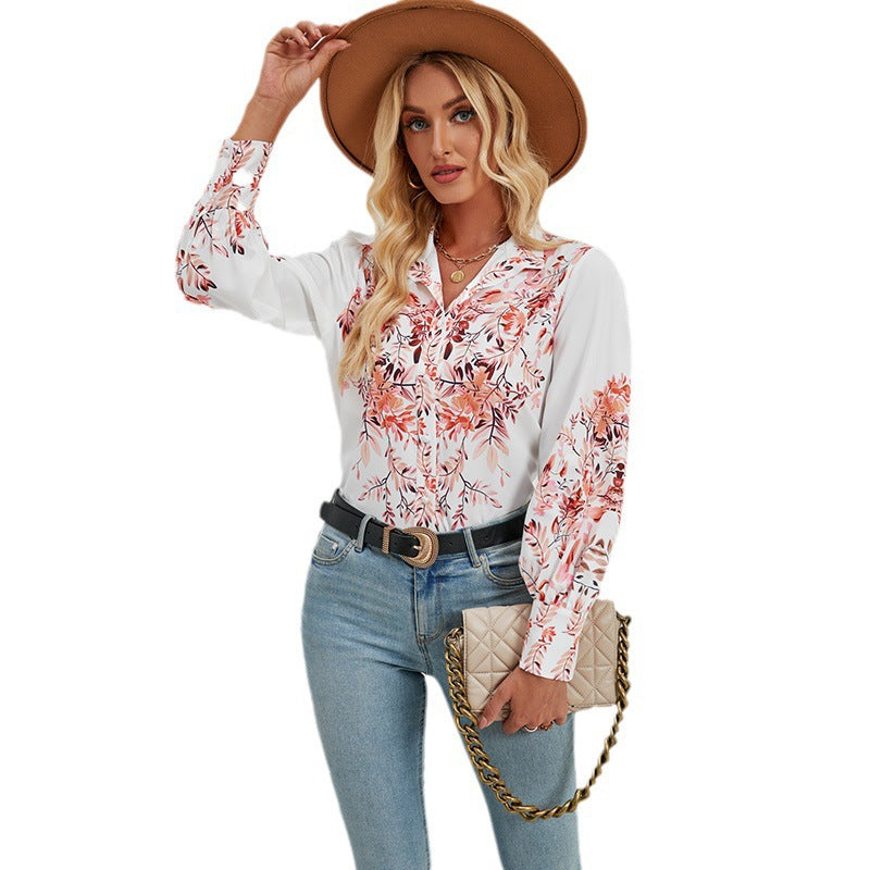 Damebluse – Afslappet Pasform – Knaplukning – Ståkrave – Blomstermønster – Lange Ærmer