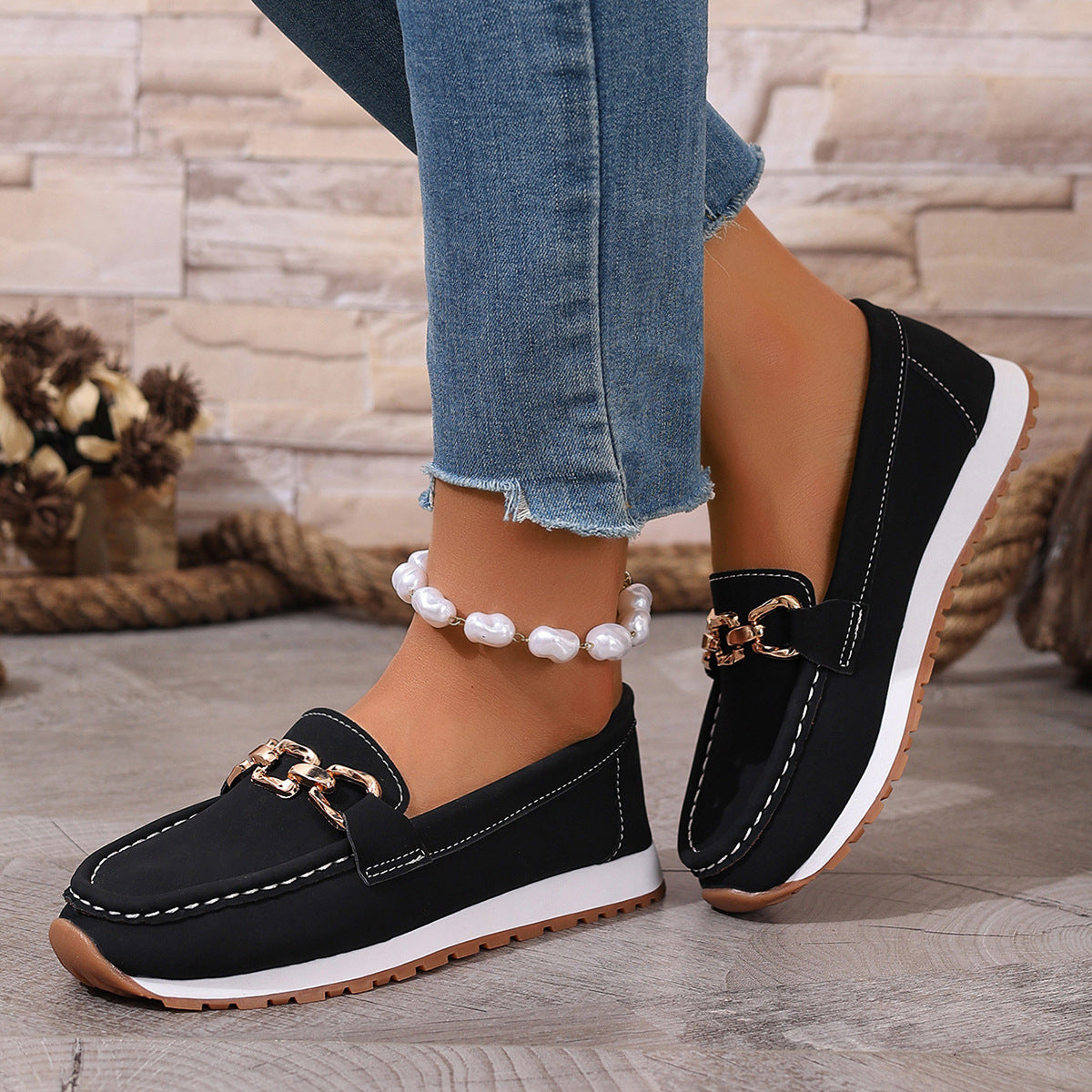 Women's Loafers - Soft Leather Look - Comfortable Rubber Sole - Elegant Decorative Detail