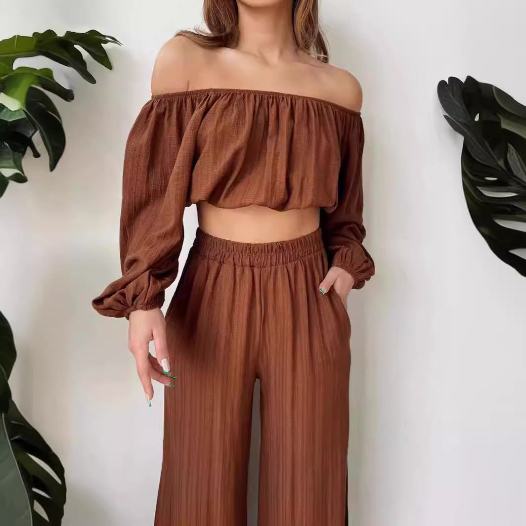 Dame Sæt – Off-Shoulder Crop Top med Lange Ærmer – Højtaljede Vide Bukser