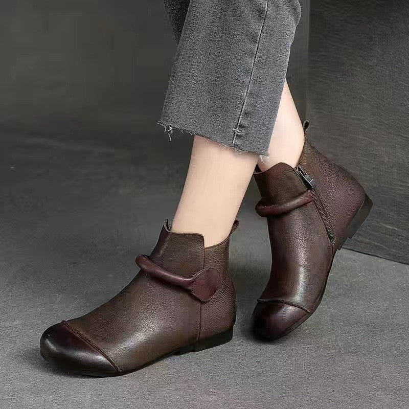 Women's Ankle Boots - Thick Sole Soft Leather Shoes - Side Zipper