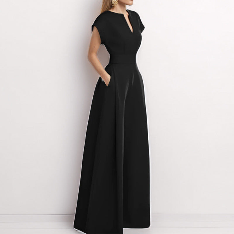 Dame Jumpsuit – Løs Pasform – V-Hals – Korte Ærmer – Bred Ben – Med Lommer