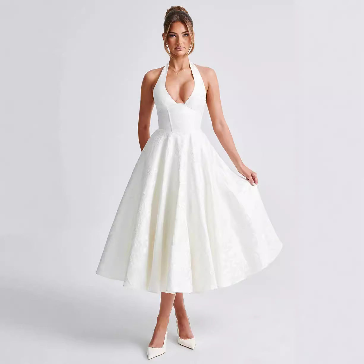 Dress for Women – Ruffle Maxi Dress – Jacquard – V-Neck – Halterneck – Tie Detail