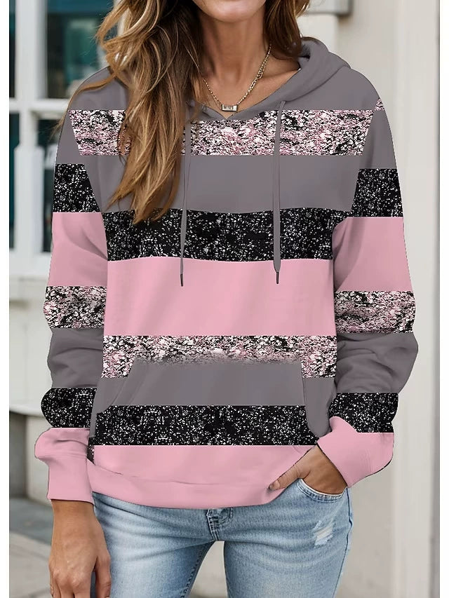 Women’s Casual Hoodie – Pink & Grey Stripes – Kangaroo Pocket – Soft Knit