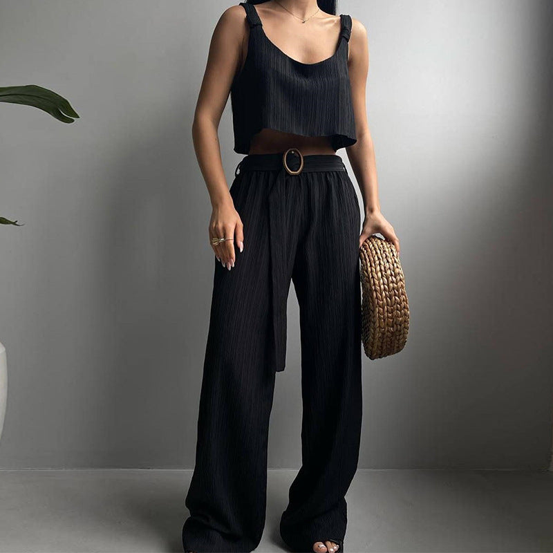 Dame Two-Piece Sæt – Crop Top og Vide Bukser – Let og Åndbart Design