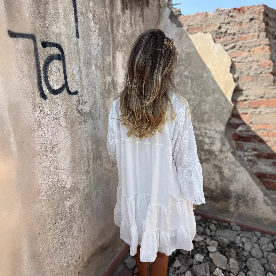 Women’s Cotton Dress - Embroidered Eyelet Lace - Loose Fit - V-Neck Boho Style