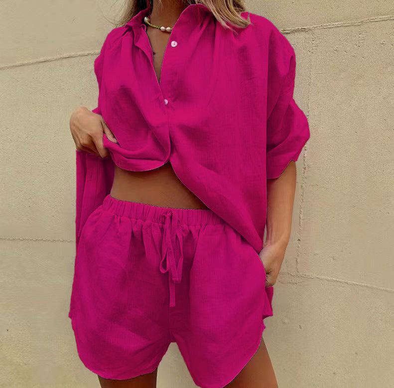 Dame Sæt – Afslappet Skjorte og Højtaljede Shorts – Let og Åndbar Linnedlook