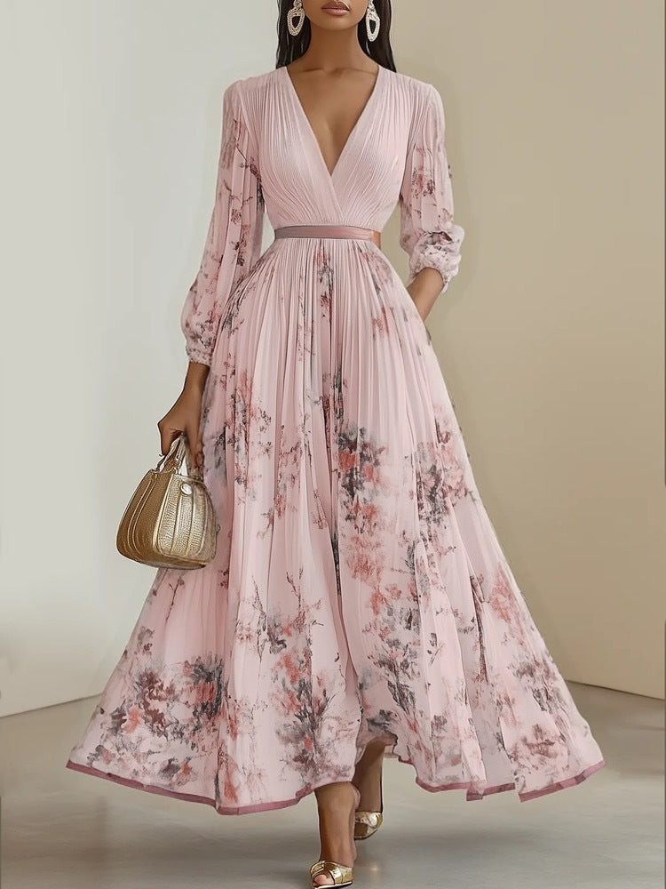 Mia - Women's Dress - Long Maxi - V-Neck - Floral Print - Elegant Style