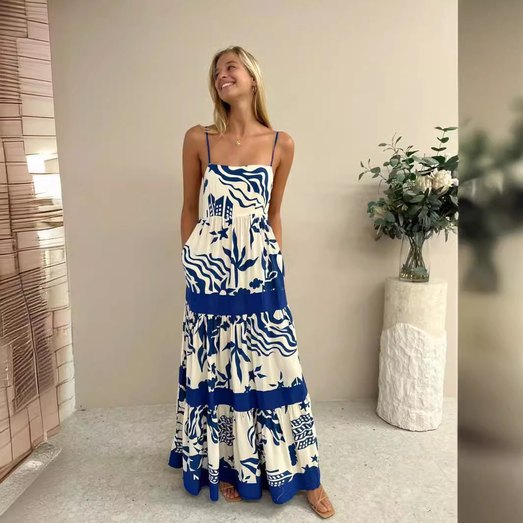 Dame Maxi Kjole – Flowy A-Line Pasform – Spaghettistropper – Lagdelt Letvæv