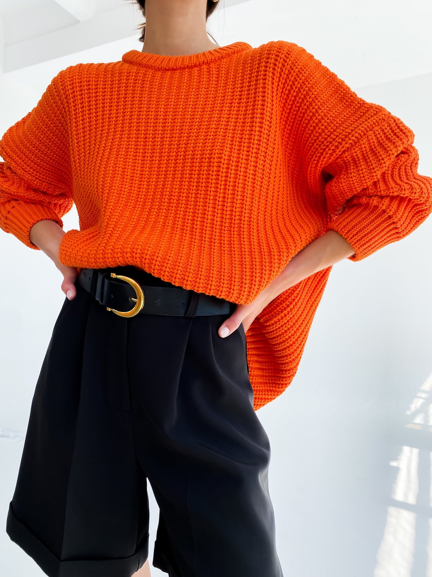 Women's Knit Sweater – Oversized Fit – Ribbed Texture – Relaxed Round Neck