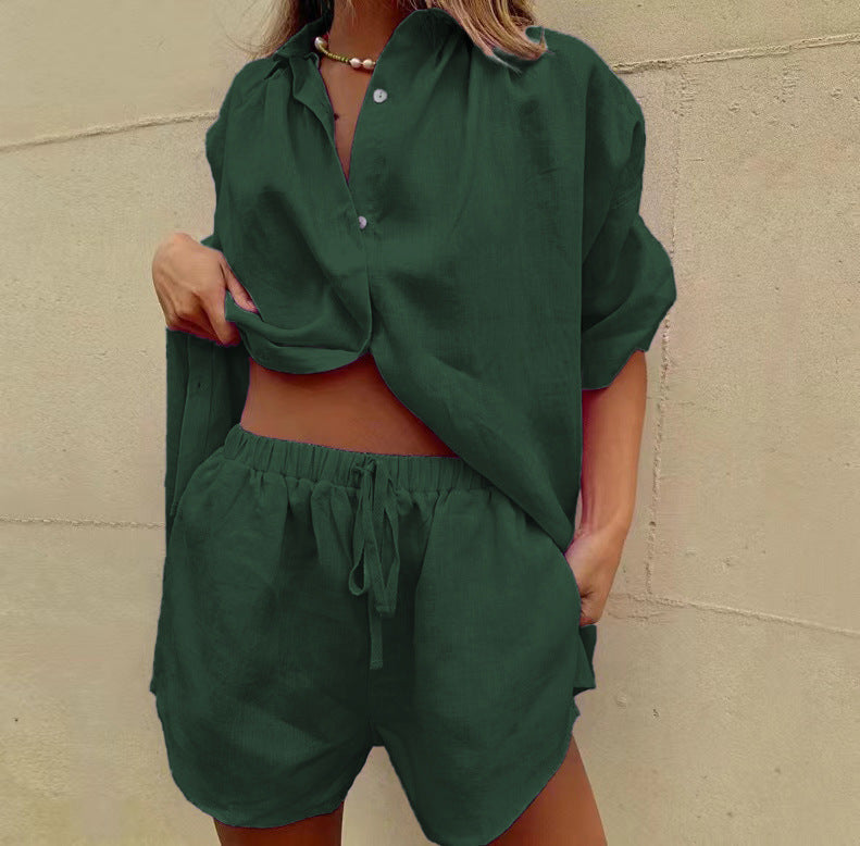 Dame Sæt – Afslappet Skjorte og Højtaljede Shorts – Let og Åndbar Linnedlook