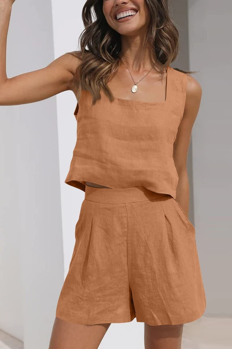 Dame Sæt – Ærmeløs Crop Top og Plisserede Shorts – Løs Pasform – Hørblanding
