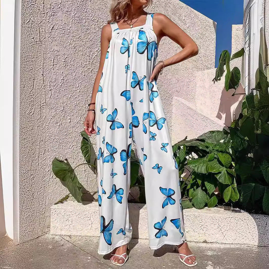 Dame Jumpsuit – Løs Pasform – Brede Ben – Ærmeløs – Let og Åndbar – Printet