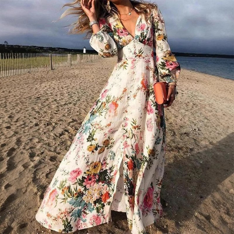 Maxi Dress for Women – A-Line Fit – Deep V-Neck – Long Sleeves – Breathable Material