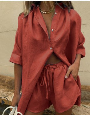 Women's Set – Casual Shirt and High-Waisted Shorts – Light and Breathable Linen Look