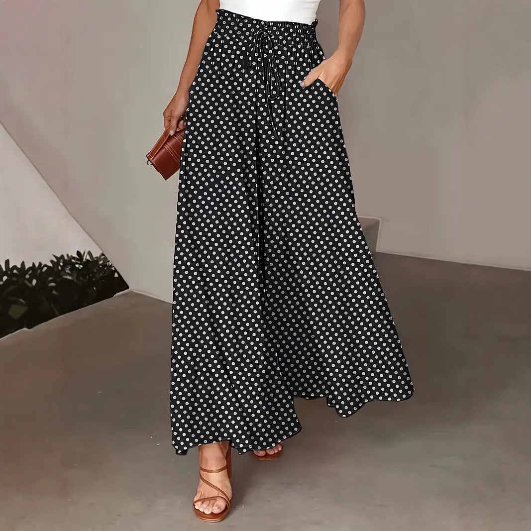 Women's Trousers with Wide Legs – Breathable Fit – Polka Dot Pattern – Drawstring Waist – Casual Style