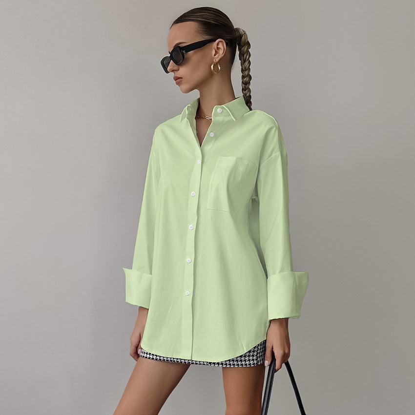 Dame Skjorte – Oversize Pasform – Bomuldsblanding – Lange Ærmer – Knaplukning