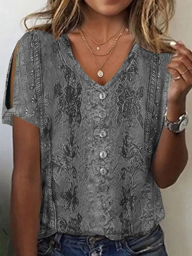 Women's Blouse – Relaxed Fit – V-Neck with Button Closure – Embroidered Boho Style – Light and Breathable