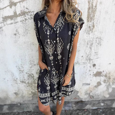 Women's Shirt Dress – Relaxed Fit – Bohemian Print – Natural Fibers – Mini Length
