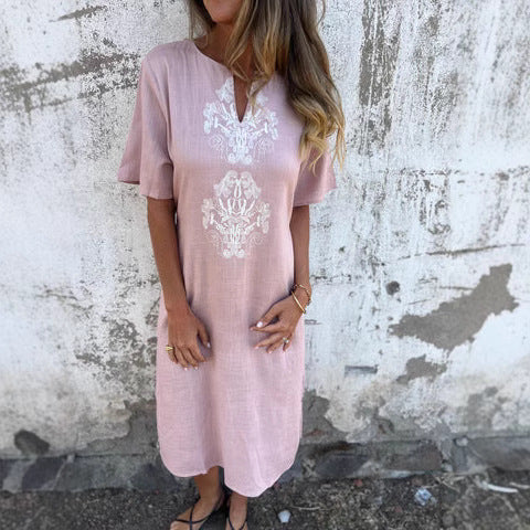 Women's Midi Dress – Natural Fibers – Relaxed Fit – Embroidered Front – Short Sleeves
