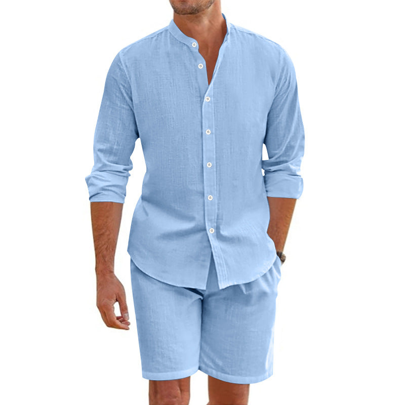 Herre sæt – Luftig hørblanding – Afslappet pasform – Skjorte med knapper og shorts